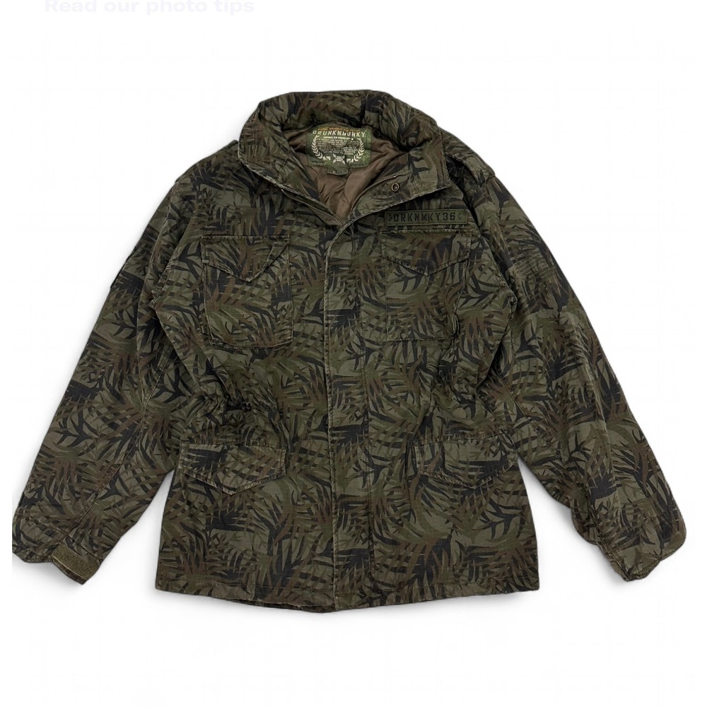 Drunknmunky Green Leaf Camo Jacket Full‎ Zip Hoodie Pockets Utility Men's Large